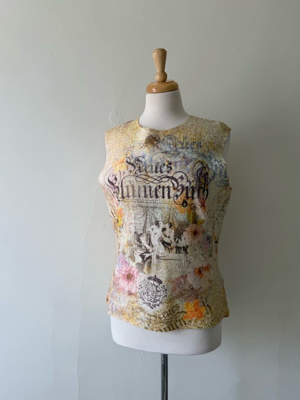 Vintage Style Textured Graphic Floral Tank Romantic Art Top Neutral Crinkle Top